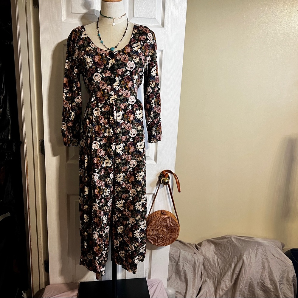 Express Vtg 90s Wms Floral Boho Cottagecore Pleated Wide Leg Crop Jumpsuit S 5/6
